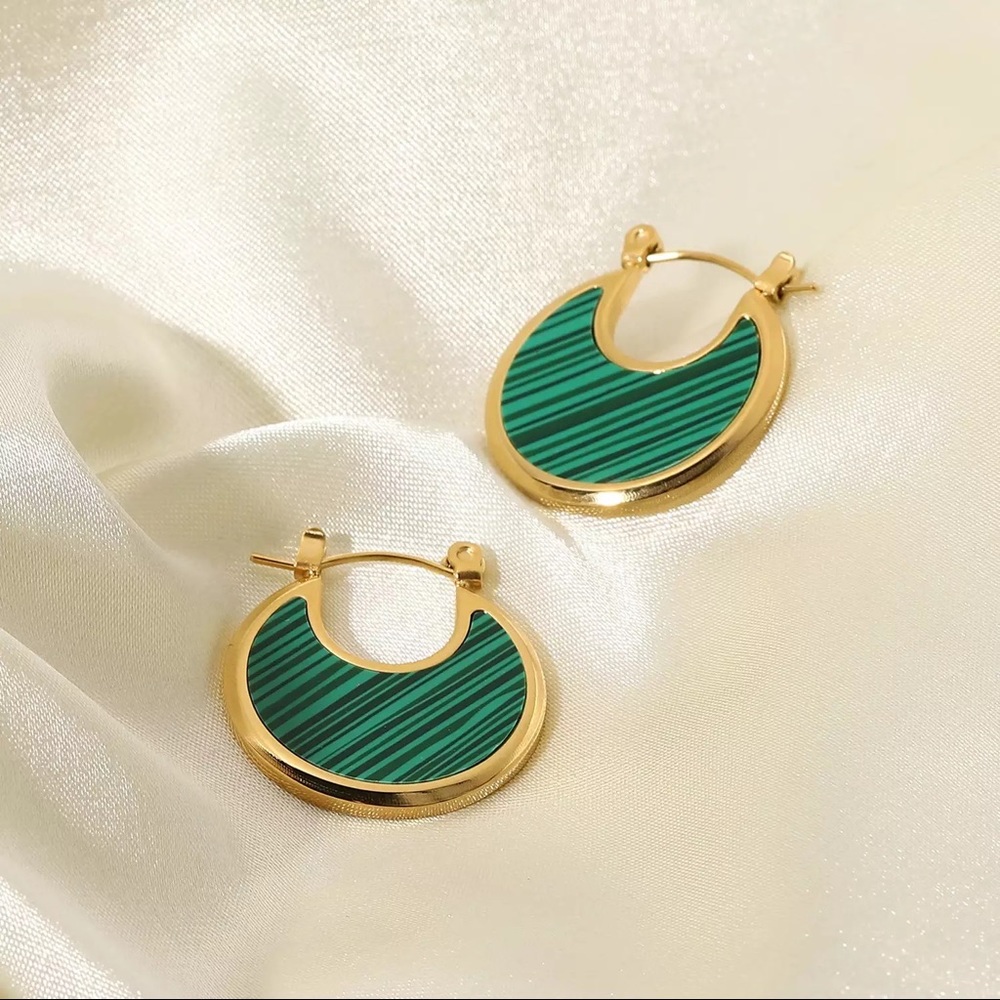 Stainless Steel Retro Moon Malachite Earrings - Picture 1 of 10
